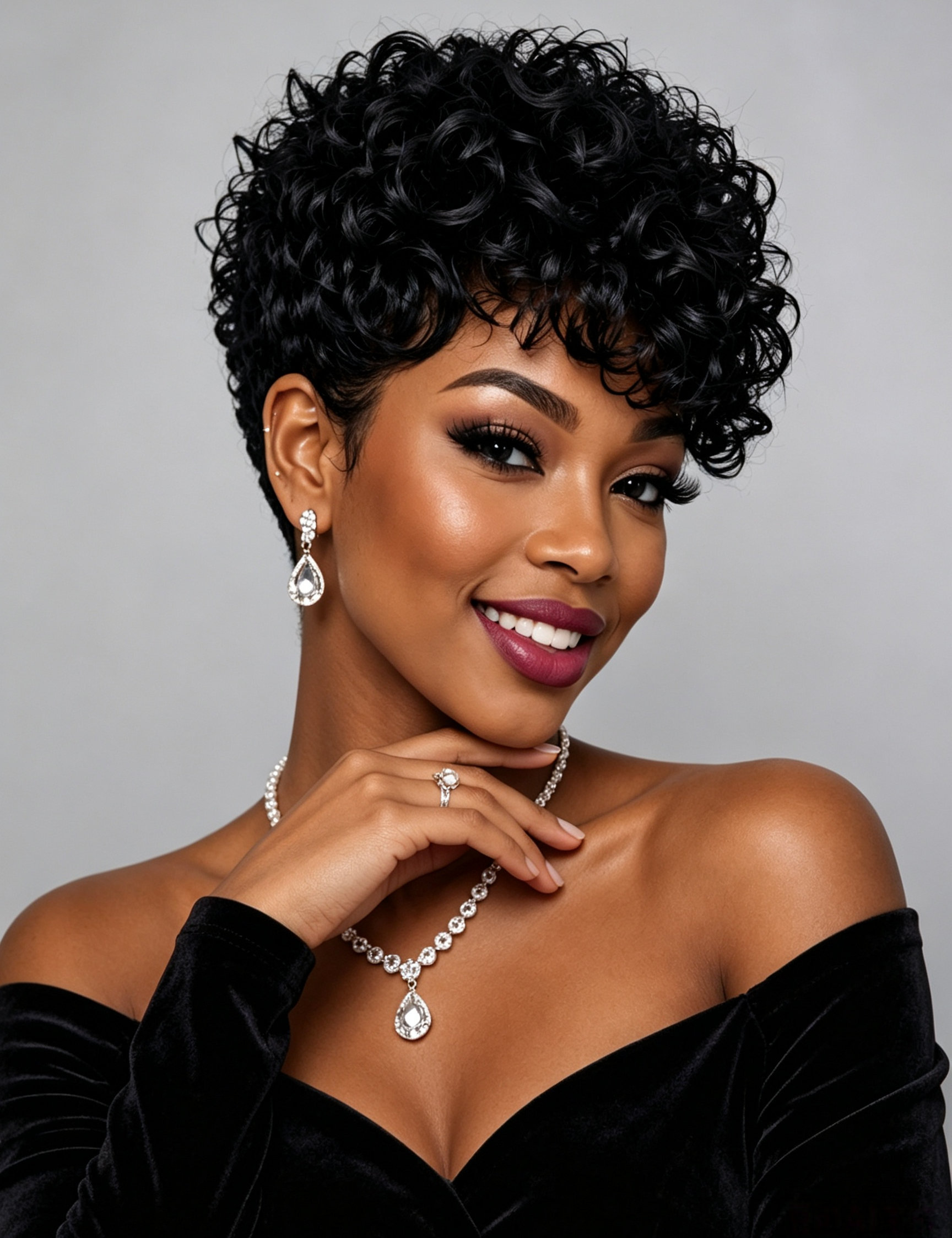 A woman with short, curly black hair models a matching black velvet off-the-shoulder top, silver teardrop drop earrings, and a silver teardrop necklace with a ring, set against a solid gray studio background.