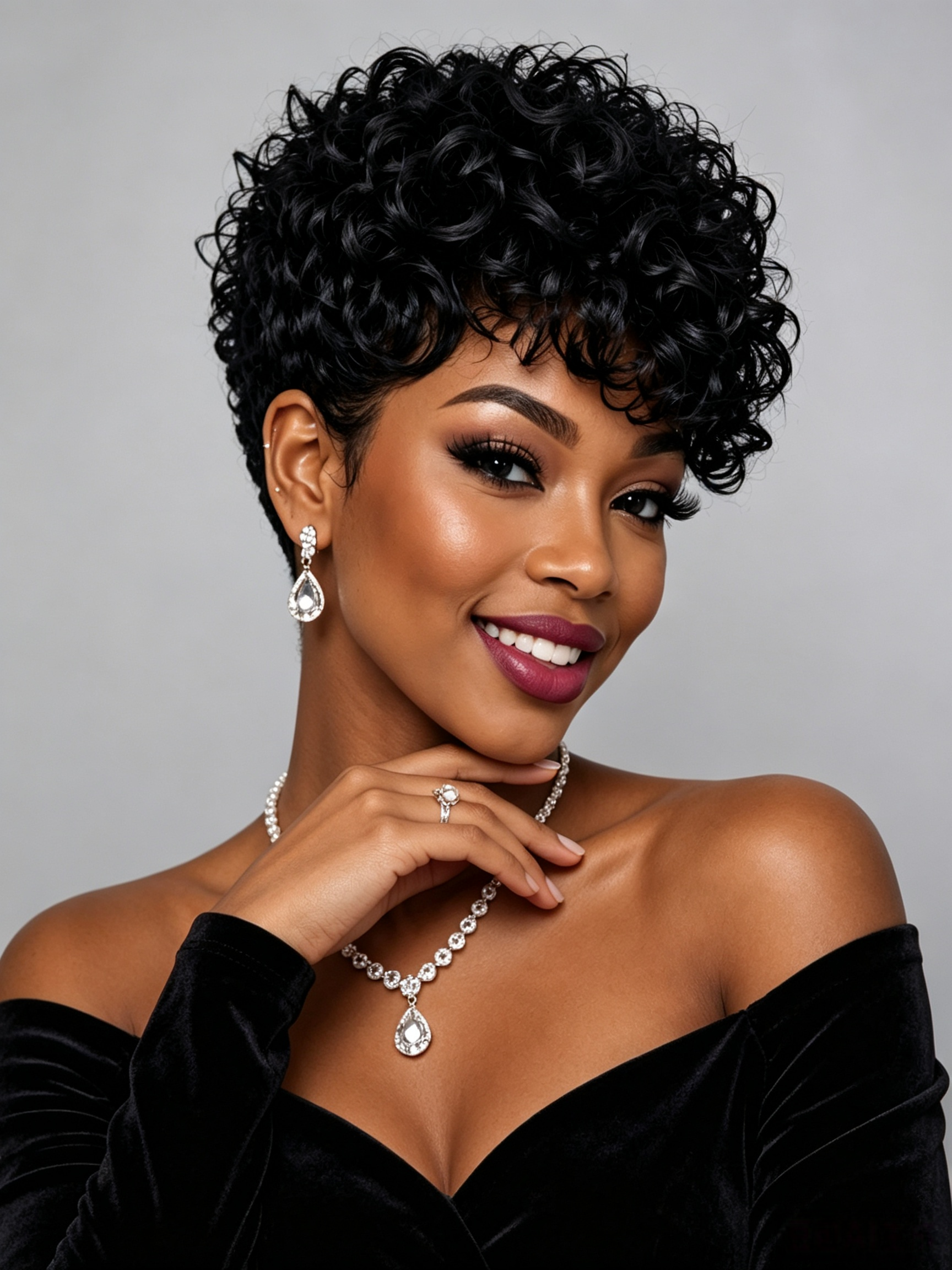 A woman with short, curly black hair models a matching black velvet off-the-shoulder top, silver teardrop drop earrings, and a silver teardrop necklace with a ring, set against a solid gray studio background.