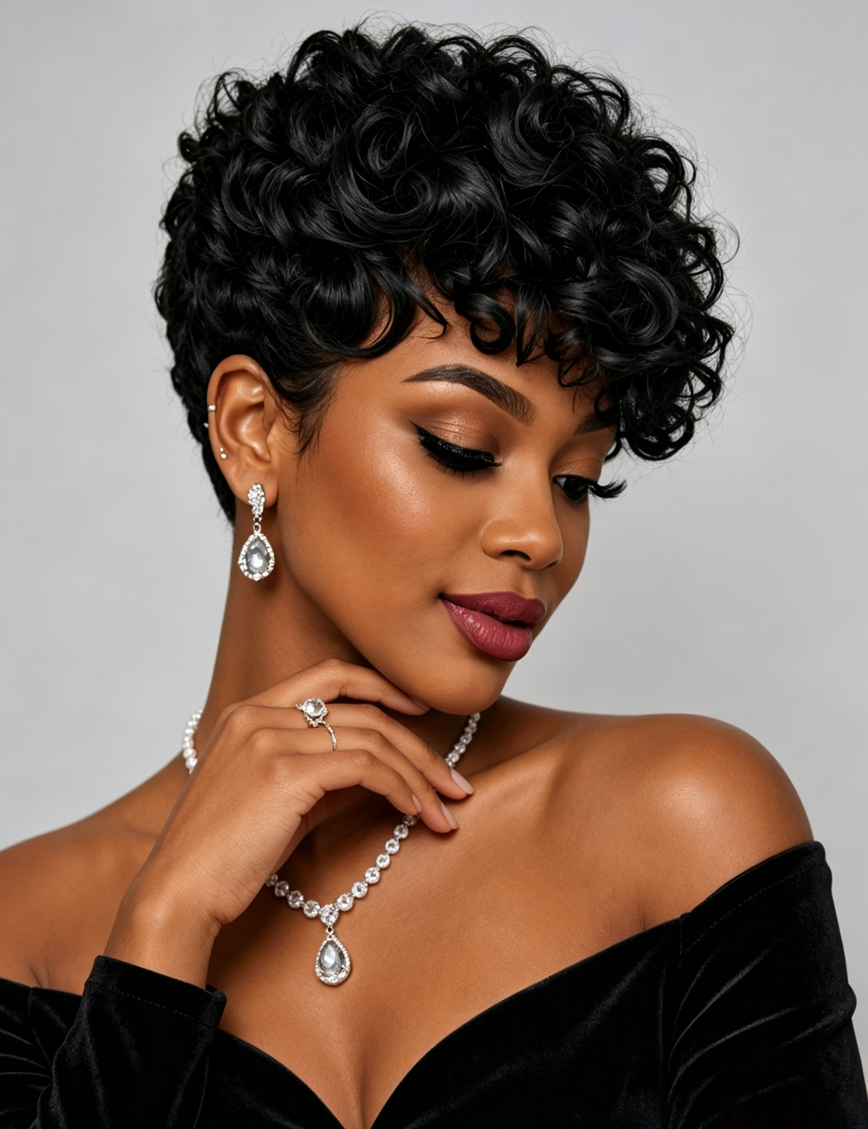 A woman with short, curly black hair is shown in a close-up portrait wearing a sparkling teardrop pendant necklace, matching drop earrings, and a ring. She is wearing an off-the-shoulder black velvet top against a plain light gray studio background.