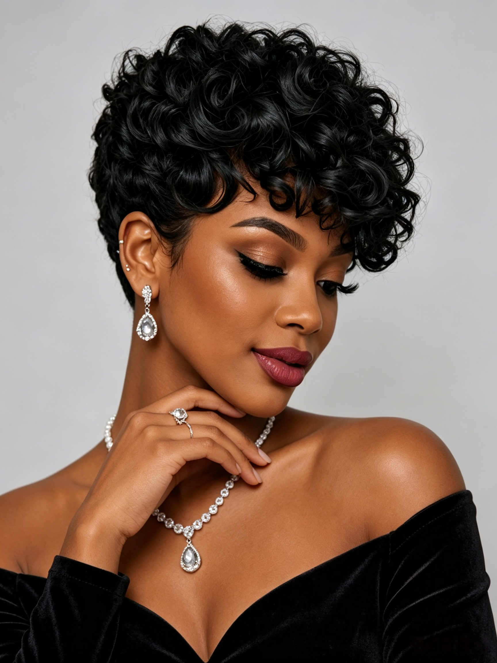 A woman with short, curly black hair is shown in a close-up portrait wearing a sparkling teardrop pendant necklace, matching drop earrings, and a ring. She is wearing an off-the-shoulder black velvet top against a plain light gray studio background.