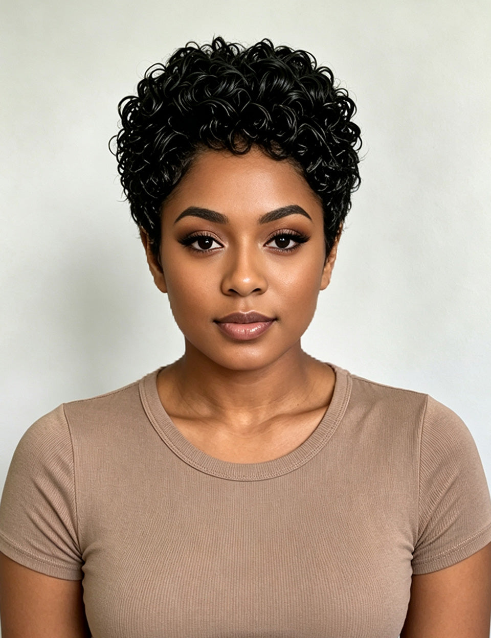 A woman with short, curly black hair wearing a beige short-sleeve ribbed t-shirt, photographed against a neutral light gray background.