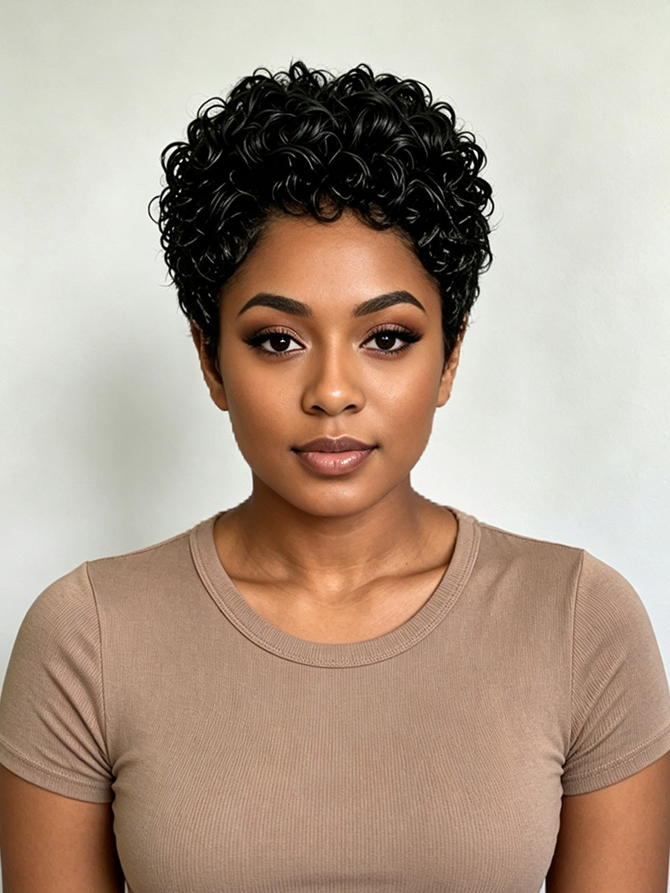 A woman with short, curly black hair wearing a beige short-sleeve ribbed t-shirt, photographed against a neutral light gray background.