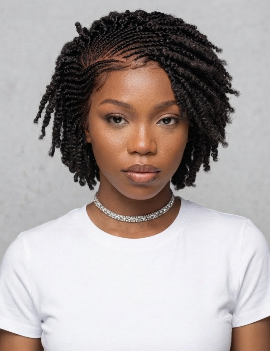 A woman with short, styled black twisted braids or box braids wearing a white t-shirt and a sparkling silver choker necklace, shown from the chest up against a neutral gray textured background.