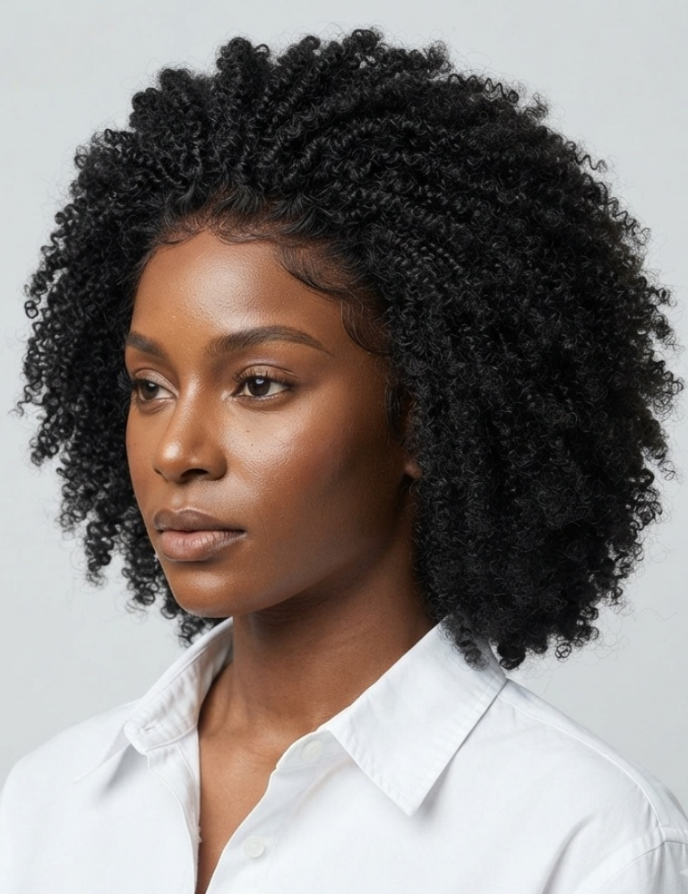 A woman with voluminous, tightly curled black hair wearing a white collared shirt, shown in a close-up portrait against a light gray background.