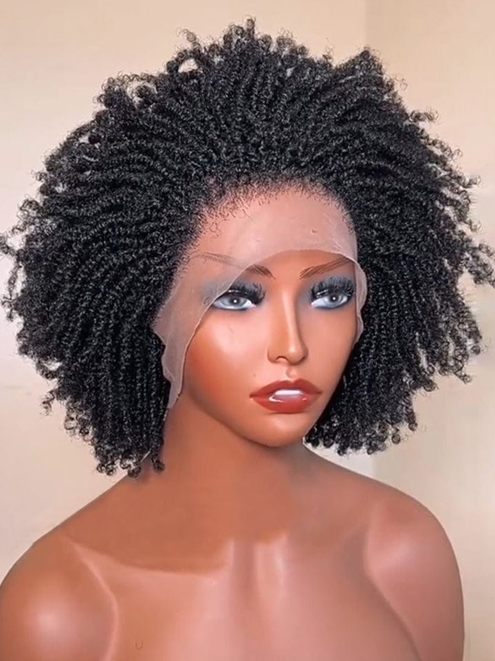A black curly wig with a lace front, displayed on a mannequin head against a plain beige background.