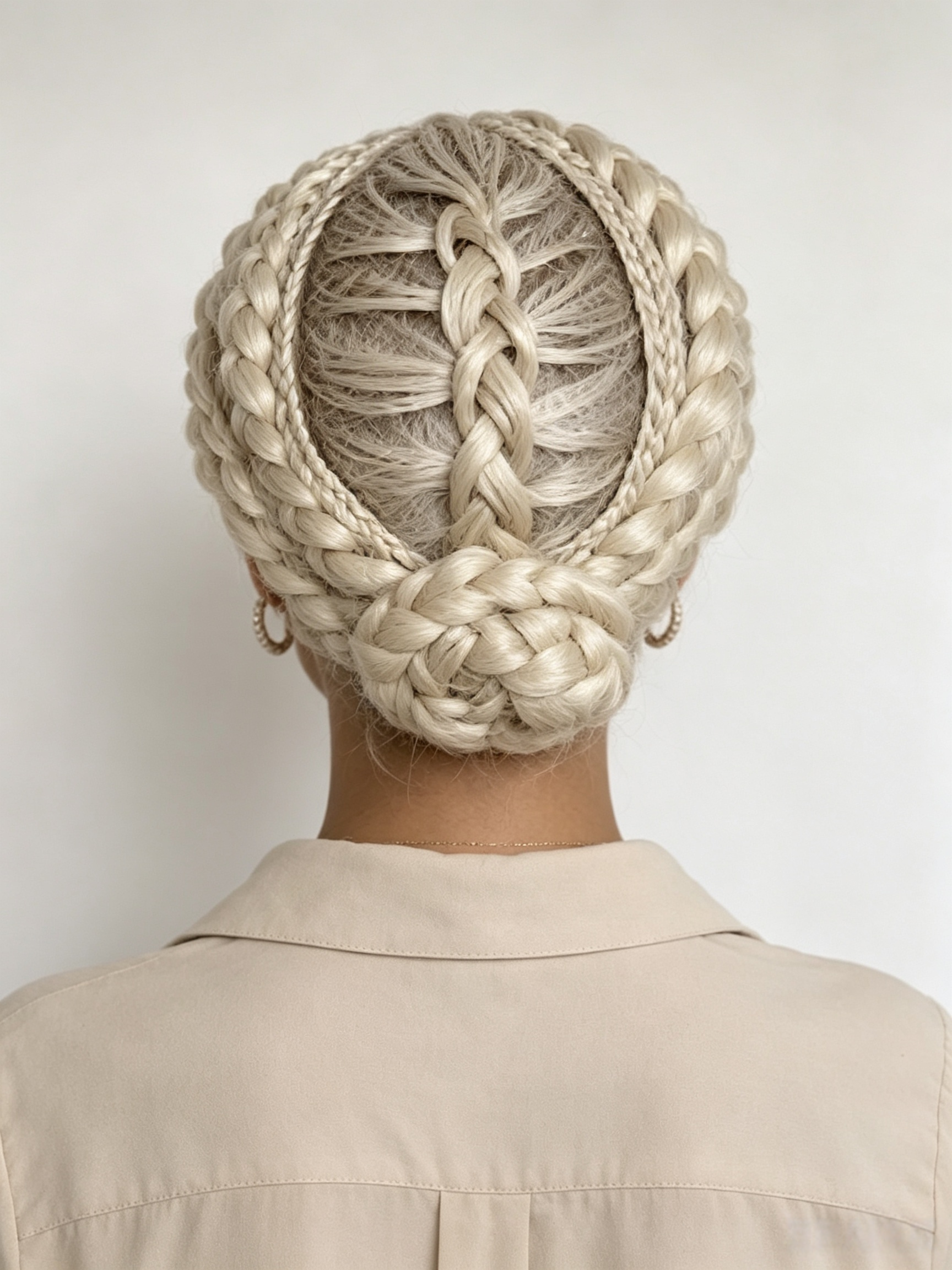 A person viewed from the back wearing an intricate braided hairstyle with a large circular outer braid and a central woven bun, styled with a beige collared shirt against a plain light background.