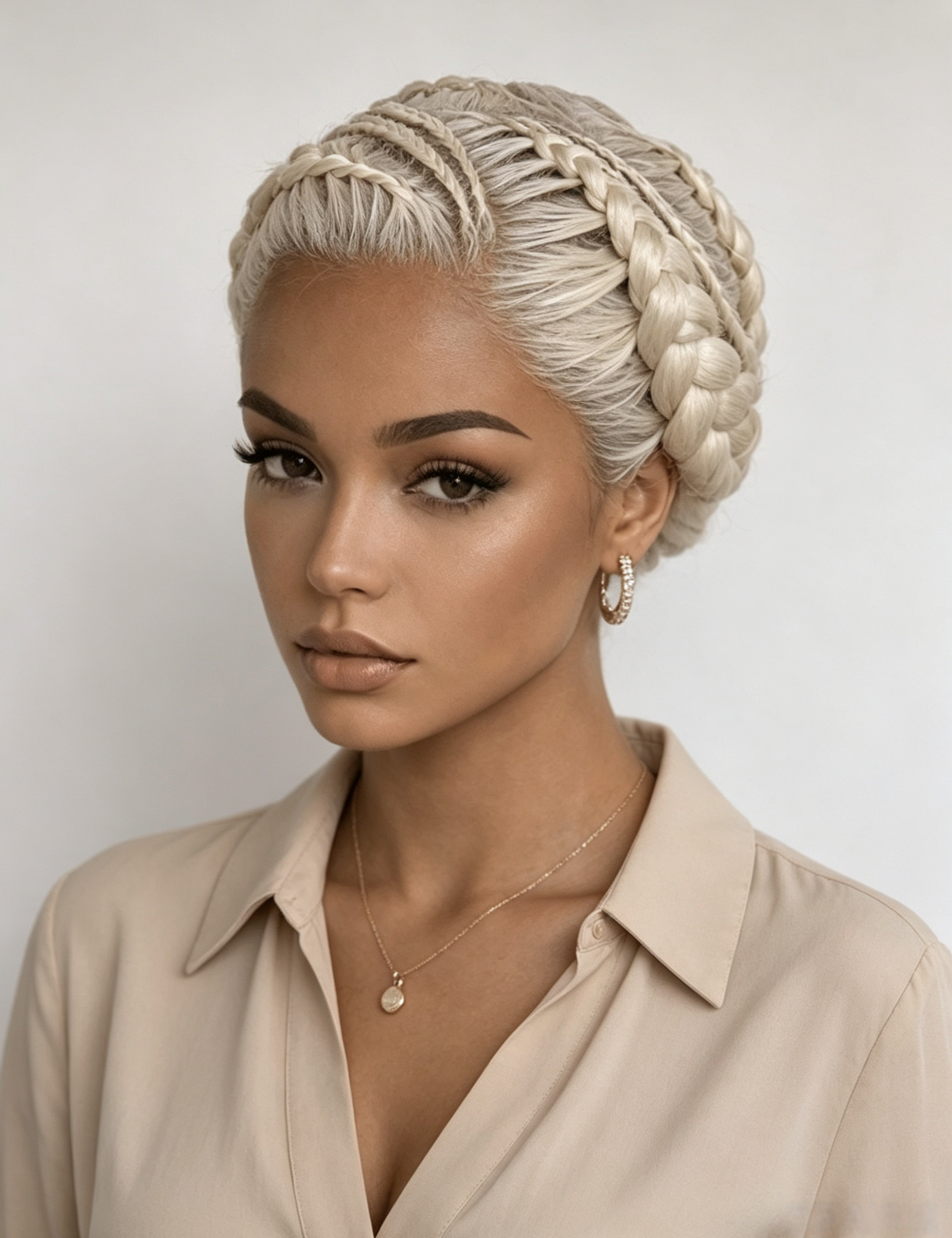 A woman with platinum blonde hair styled in an intricate braided updo, wearing a beige collared blouse and delicate jewelry against a light gray background.