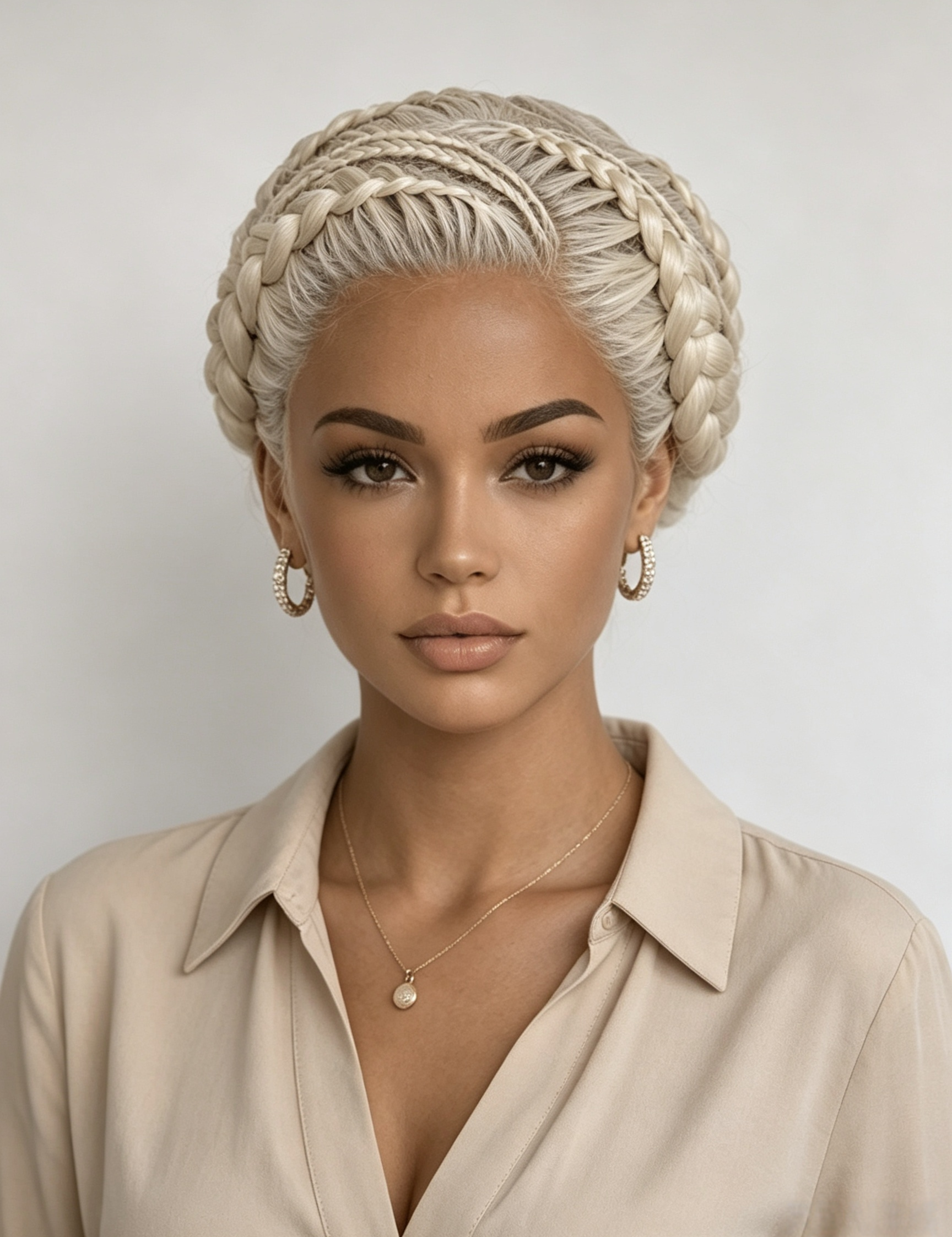 A woman with platinum blonde hair styled in an intricate braided updo, wearing a beige collared blouse, gold hoop earrings, and a delicate necklace against a light gray background.