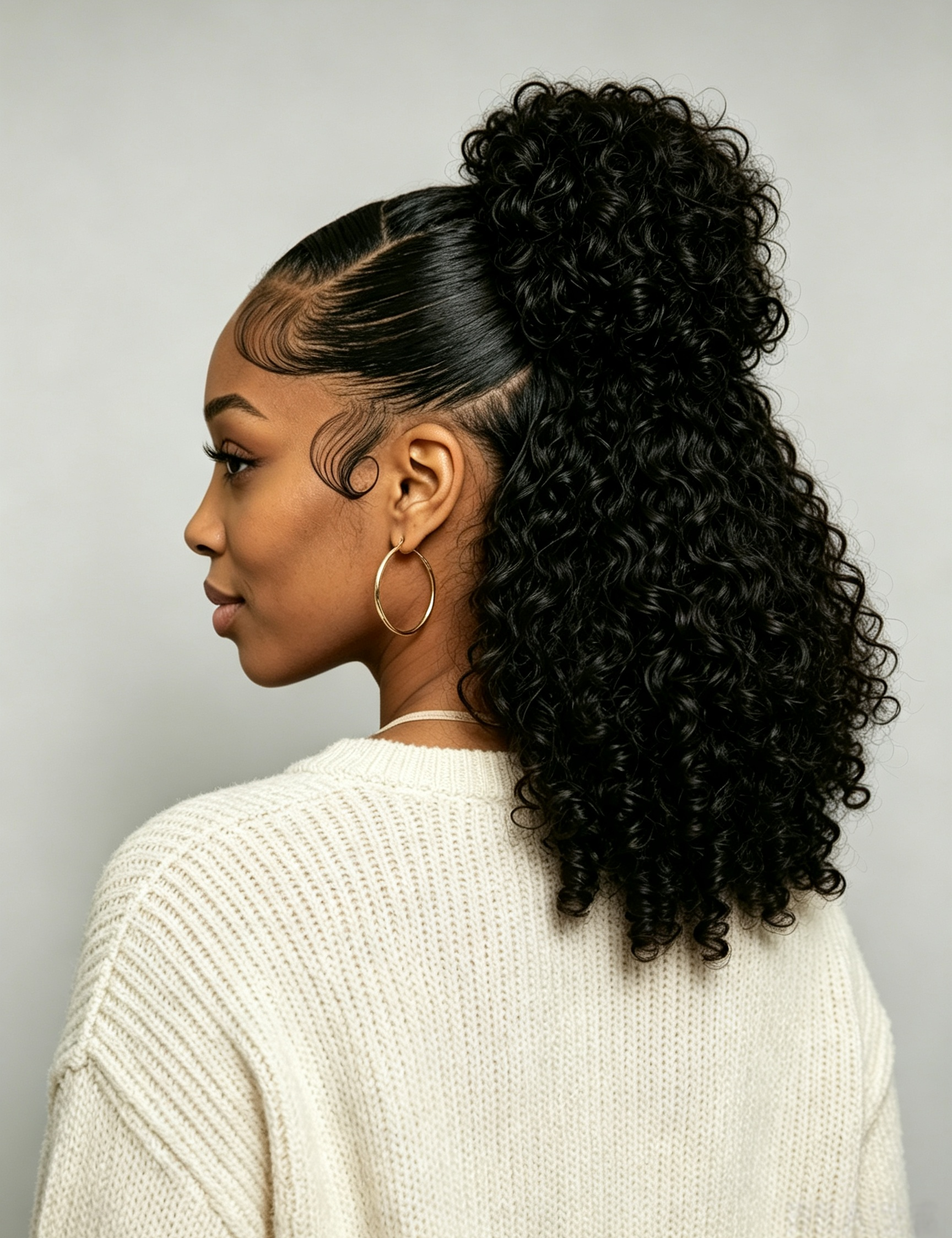 A woman shown from the side and back wearing a high-volume, curly black hair extension or wig, styled with a side part and decorative curl extensions near the temple. She is wearing a cream knit sweater and large gold hoop earrings against a neutral gray background.