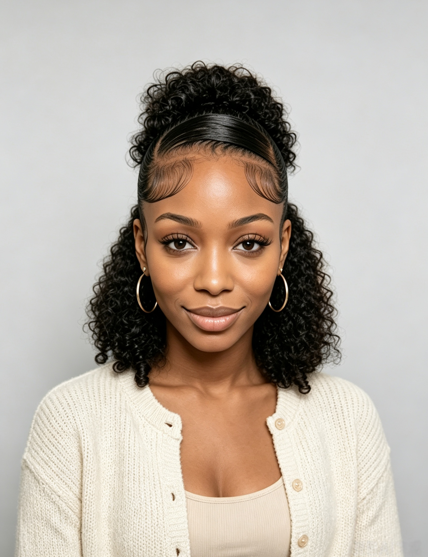 A woman with short, curly black hair styled with a high-impact half-up ponytail and a black headband, wearing a cream cardigan over a beige top against a light gray background.
