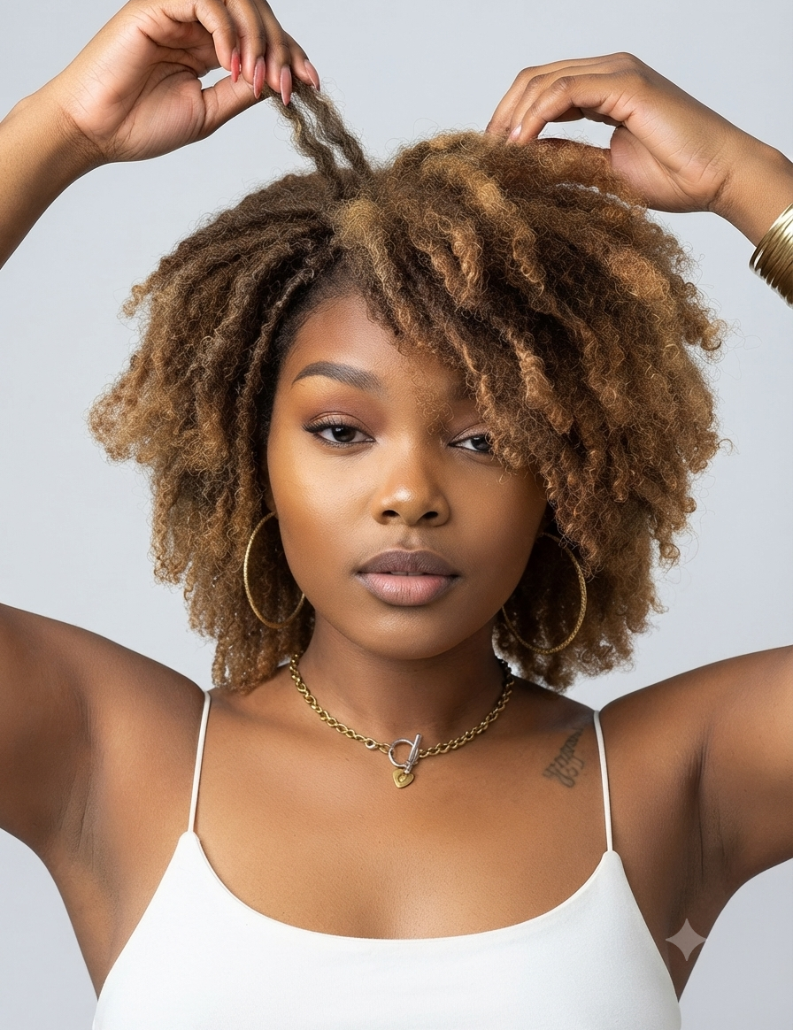 A woman with voluminous, curly brown hair wearing a white spaghetti-strap tank top, gold hoop earrings, and a gold necklace, posing with her hands in her hair against a light gray background.