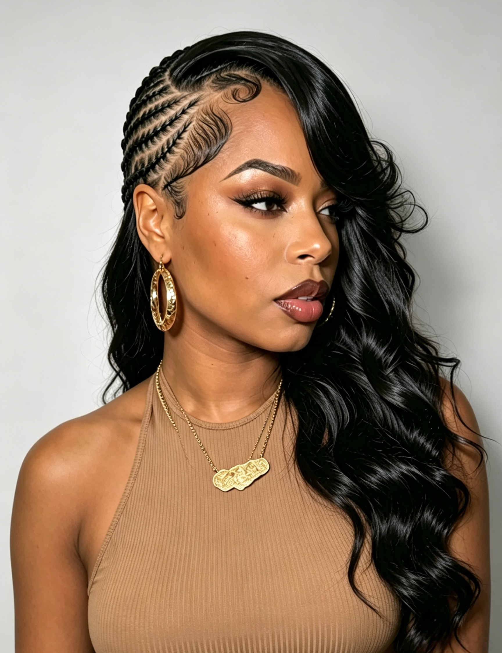 A woman with long, wavy black hair styled in a side braid and half-updo, wearing a beige ribbed halter top, gold hoop earrings, and layered gold necklaces against a light gray background.