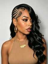 Loyalrose Side Braided body wave wig full lace black color Pre-styled without glue 100% human hair