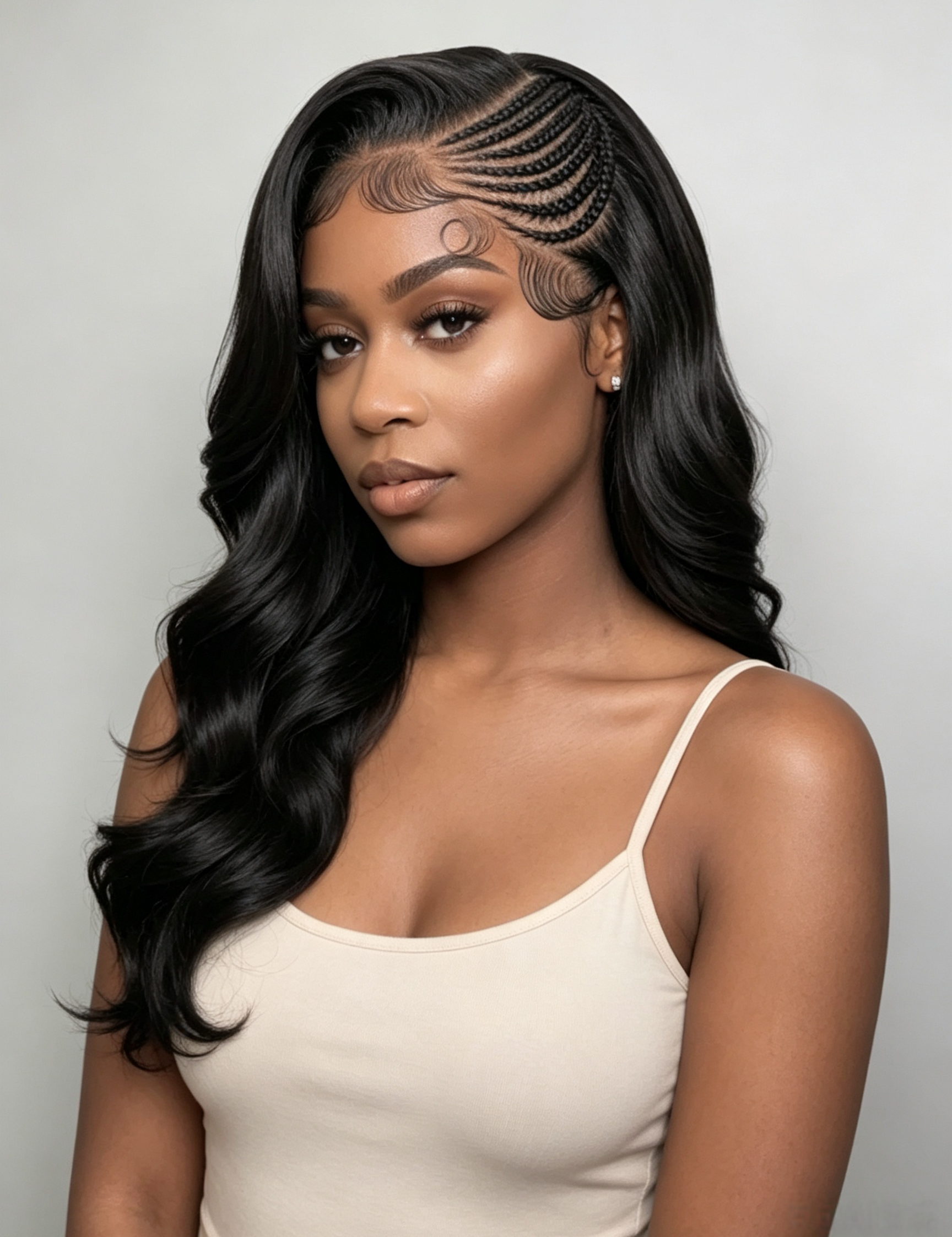 A woman modeling a long, black, wavy wig with intricate side-parted braids and a curved lace front, paired with a simple cream-colored spaghetti strap top against a light gray background.