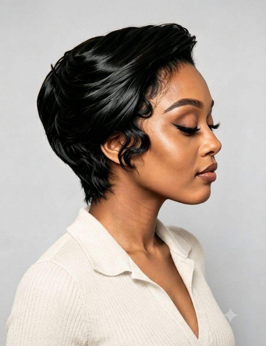 A woman in profile wearing a short, styled black wig with soft curls and a textured, voluminous look. She is wearing a cream-colored ribbed knit top against a plain light gray studio background.