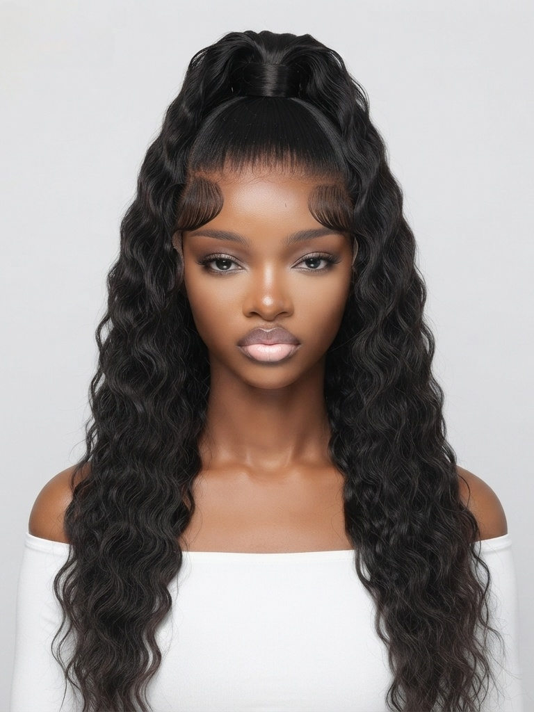 A woman modeling a long, dark brown to black deep wave wig with a high top knot and full bangs, wearing a white off-the-shoulder top against a light gray background.