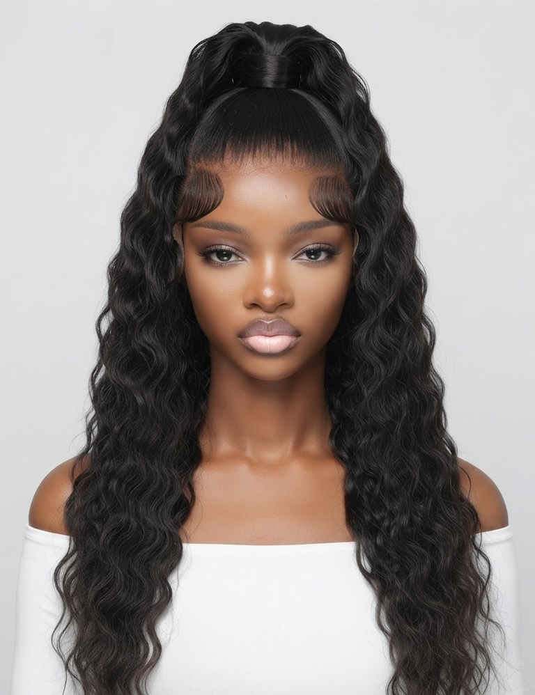 A woman modeling a long, dark brown to black deep wave wig with a high top knot and full bangs, wearing a white off-the-shoulder top against a light gray background.