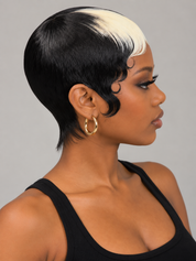 Loyalrose Short Finger wave Pixie Wig Black mix blond color 100% human hair Machine Made Skunk Stripe  Sleek Pixie Cut