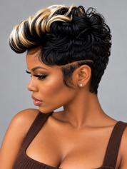 Loyalrose Pixie straight wig Black mix blond glueless Free part Frontal 13x4 lace 100% Human Hair Voluminous Crown style