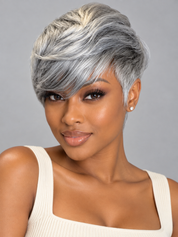 Loyalrose Pixie wig short cut Straight Salt & pepper machine made with bang Glueless 100% Human Hair style 4