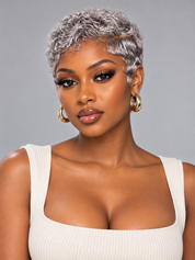 Loyalrose Salt & Pepper Pixie Short Cut Wig Side part Lace closure 7*5 100% Human Hair Glueless style 6