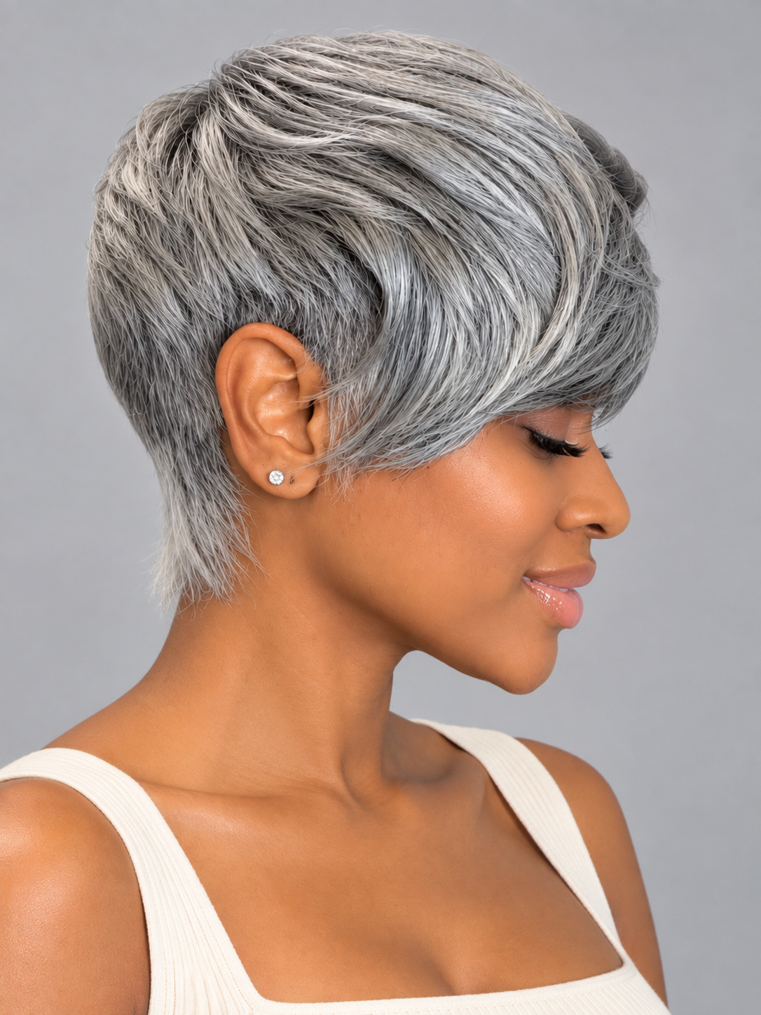 Loyalrose Pixie wig short cut Straight Salt & pepper machine made with bang Glueless 100% Human Hair style 4