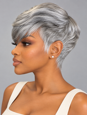 Loyalrose Pixie wig short cut Straight Salt & pepper machine made with bang Glueless 100% Human Hair style 4