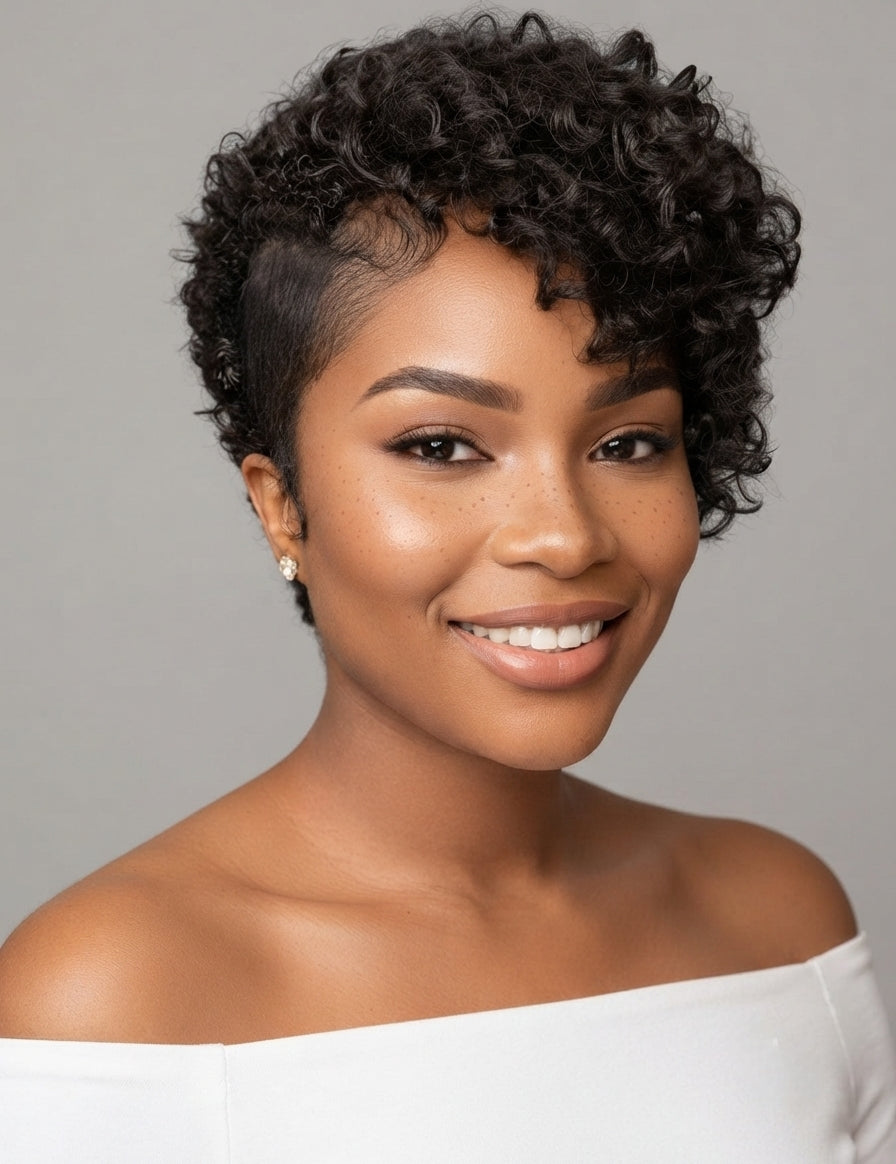 A smiling woman with short, curly black hair wearing a white off-the-shoulder top against a plain gray studio background.