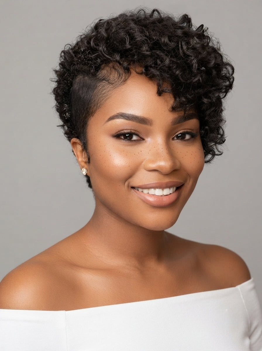 A smiling woman with short, curly black hair wearing a white off-the-shoulder top against a plain gray studio background.
