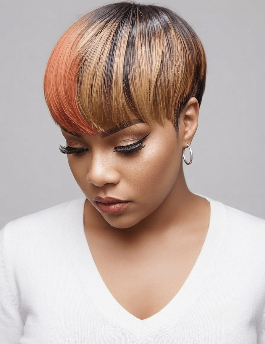 A woman wearing a short pixie cut wig with a color-blocked design featuring dark brown, black, blonde, and copper-orange tones, paired with a white V-neck top against a neutral gray background.