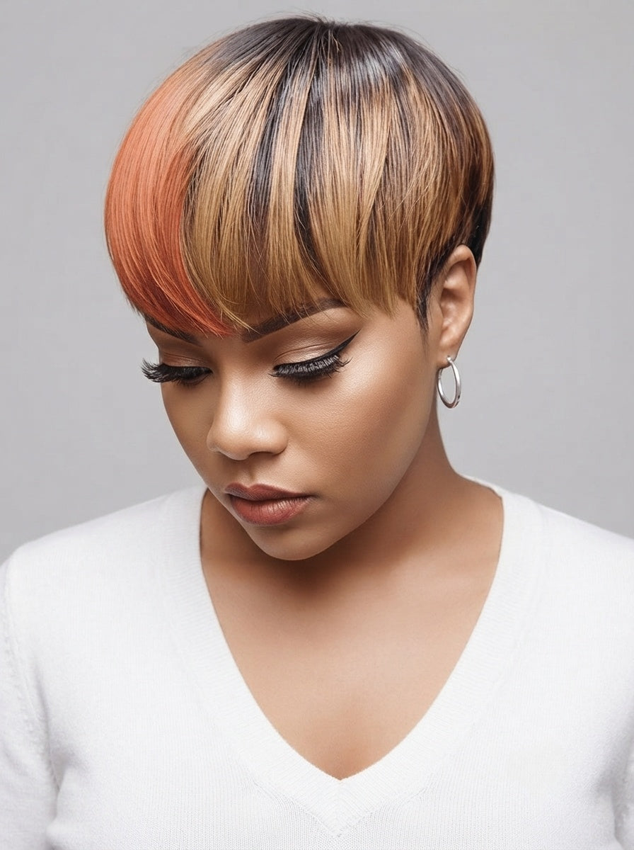 A woman wearing a short pixie cut wig with a color-blocked design featuring dark brown, black, blonde, and copper-orange tones, paired with a white V-neck top against a neutral gray background.