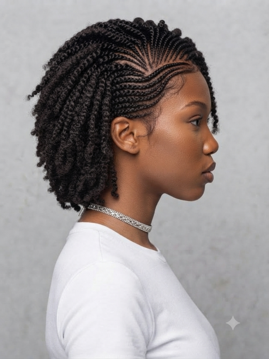 A woman shown in side profile wearing a short, styled black braided hairstyle with a textured, twisted finish. She is wearing a white t-shirt and a silver rhinestone choker against a neutral gray background.