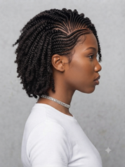 A woman shown in side profile wearing a short, styled black braided hairstyle with a textured, twisted finish. She is wearing a white t-shirt and a silver rhinestone choker against a neutral gray background.