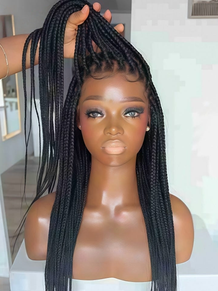 Long black box braids styled on a mannequin head, with a hand lifting the top section to show the braids' texture and length.