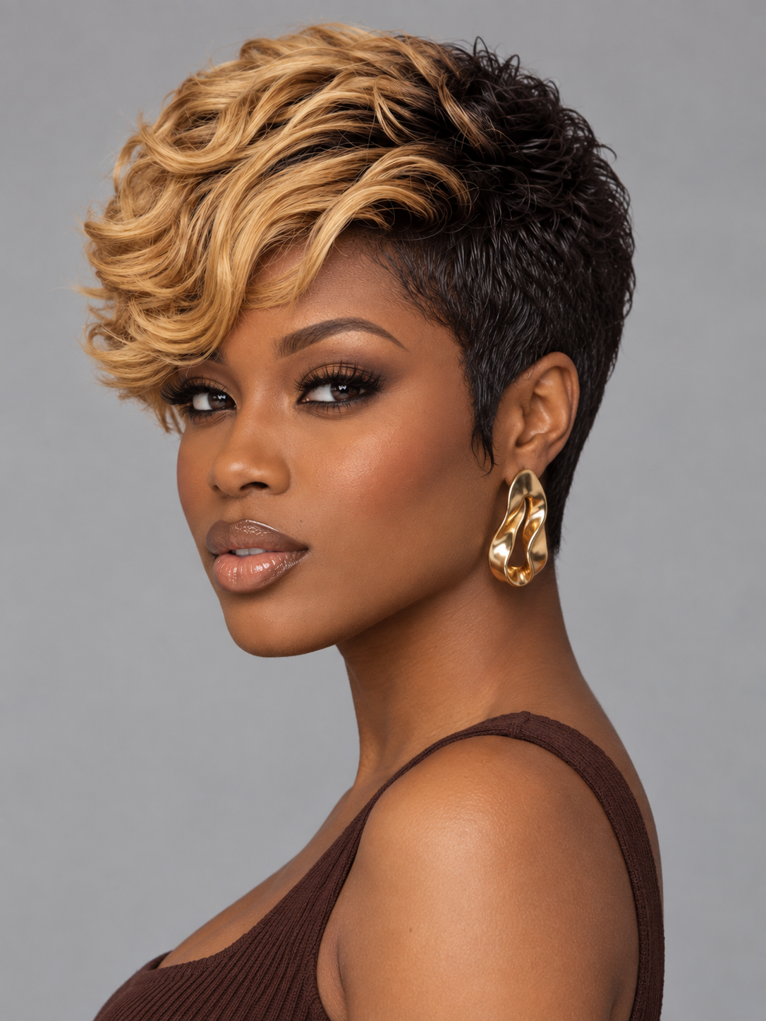 Loyalrose Pixie Loose Curly wig Black mix brown high light color glueless Side part Frontal 13x4 lace 100% Human Hair style 3