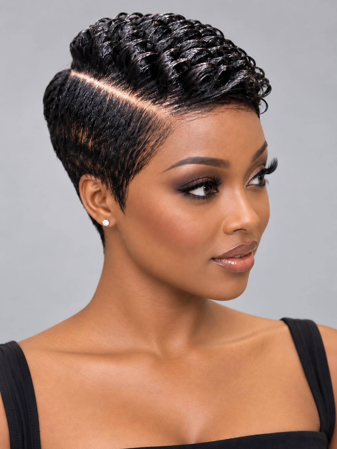 Loyalrose Pixie wig Curly wave 6 inches Black 100% human hair Glueless with Full lace TWA with Fade and Hard Part style 40