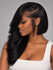 Loyalrose Asymmetrical Bob Wig 13x4 lace Glueless Black color 100% Human Hair Layered Texture