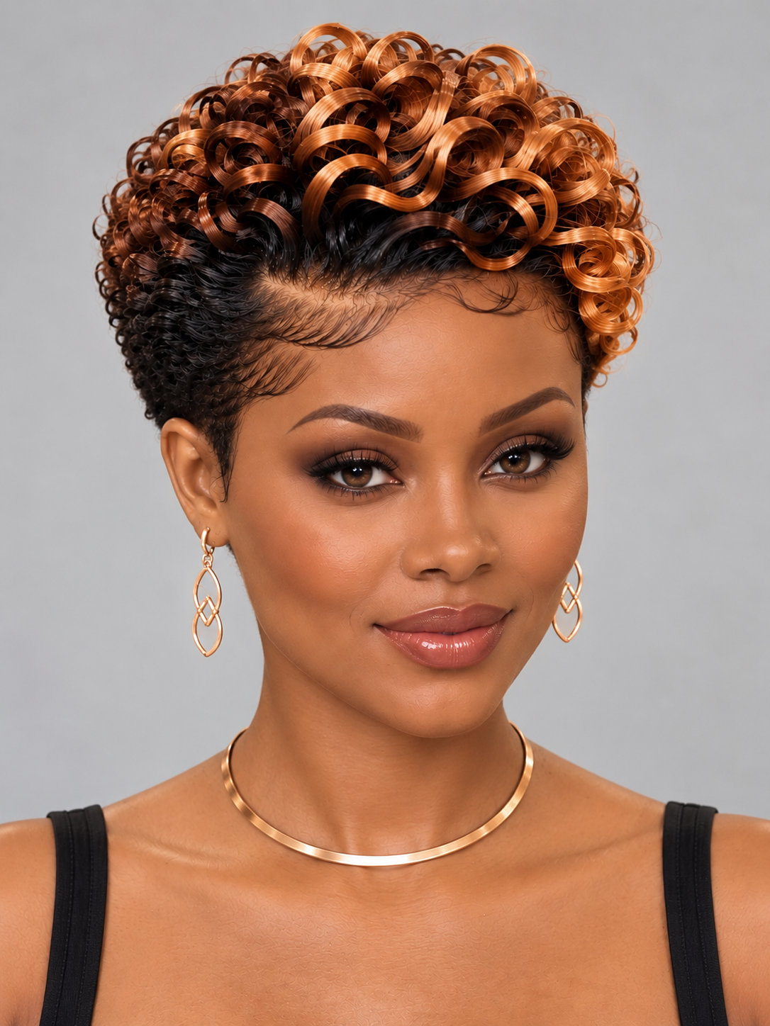 Loyalrose Pixie Loose Curly wig Black mix brown high light color glueless Side part Frontal 13x4 lace 100% Human Hair style 4