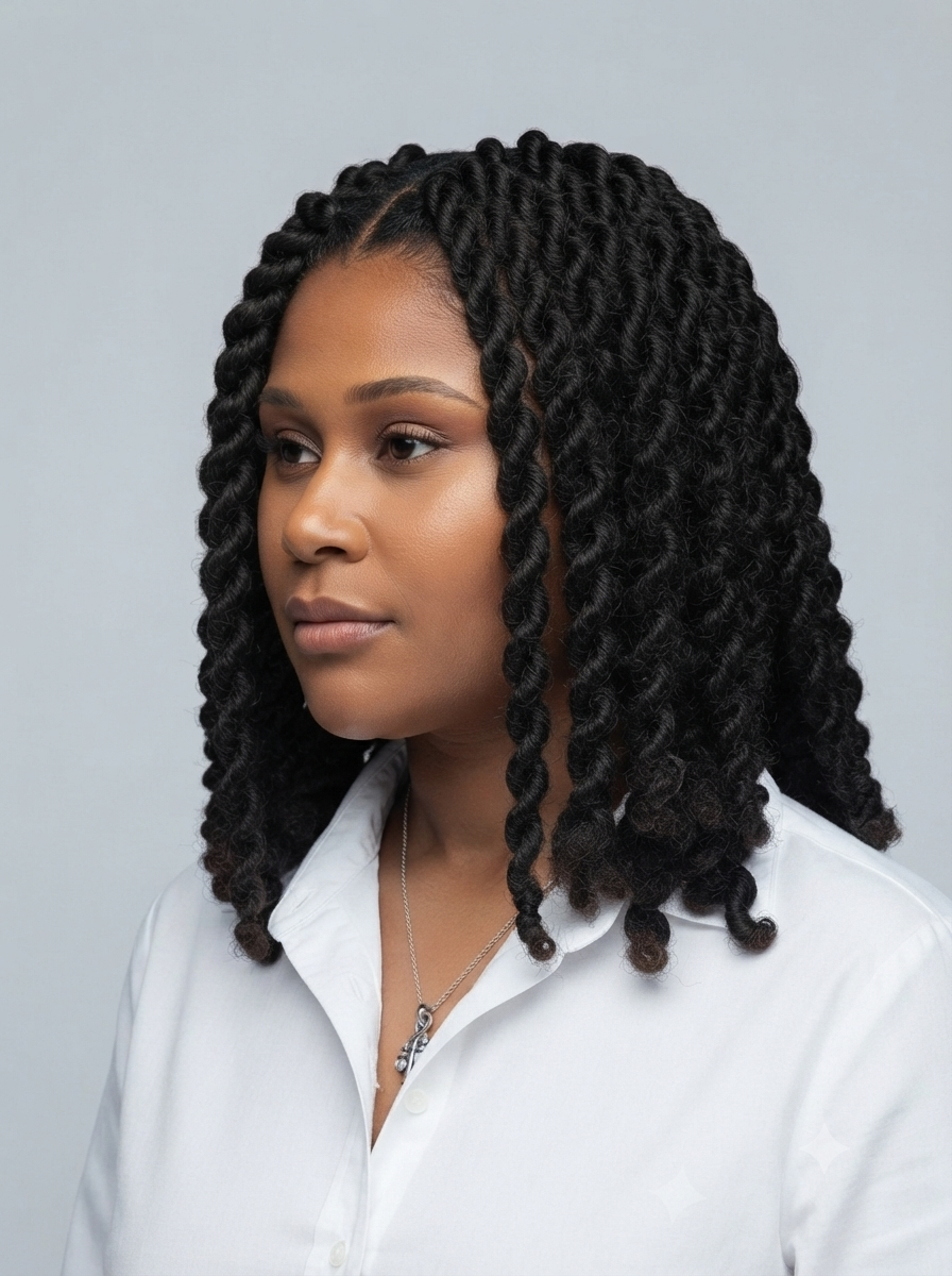 A woman with long, tight, black twisted braids or box braids wearing a white collared shirt, shown in a three-quarter profile against a light gray background.