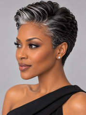 Loyalrose Salt & Pepper Pixie Short Cut Wig free part Lace closure 7*5 100% Human Hair Glueless Slicked Back style