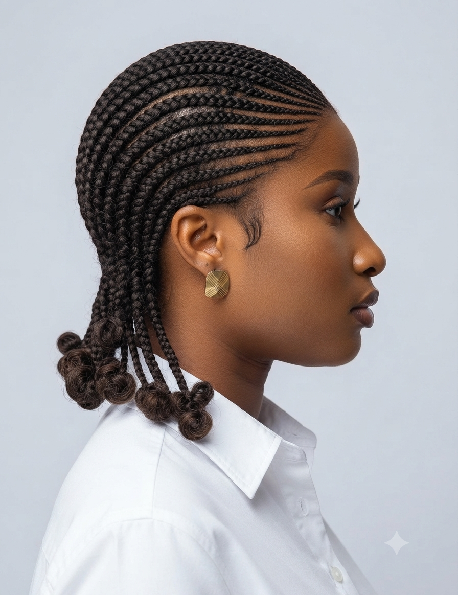 A woman in profile wearing dark brown box braids with rolled ends and a gold earring, wearing a white collared shirt against a light gray background.
