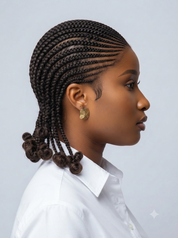 A woman in profile wearing dark brown box braids with rolled ends and a gold earring, wearing a white collared shirt against a light gray background.
