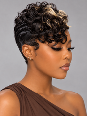 Loyalrose Pixie wig Curly wave 6 inches Black mix blond 100% human hair with bang Glueless with Full lace TWA with Fade and Hard Part style 47