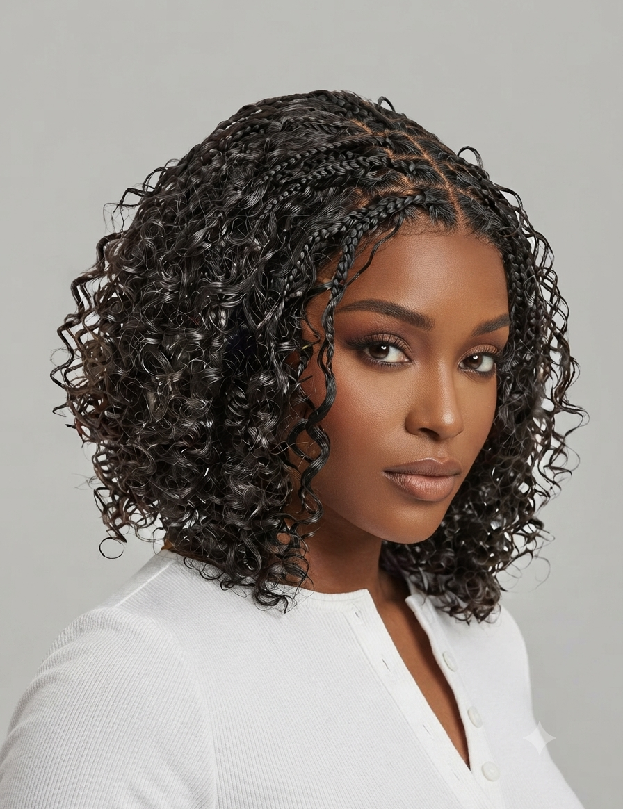 A woman with a short, curly black wig or hairpiece styled with braided detailing at the crown, shown against a plain light gray studio background.