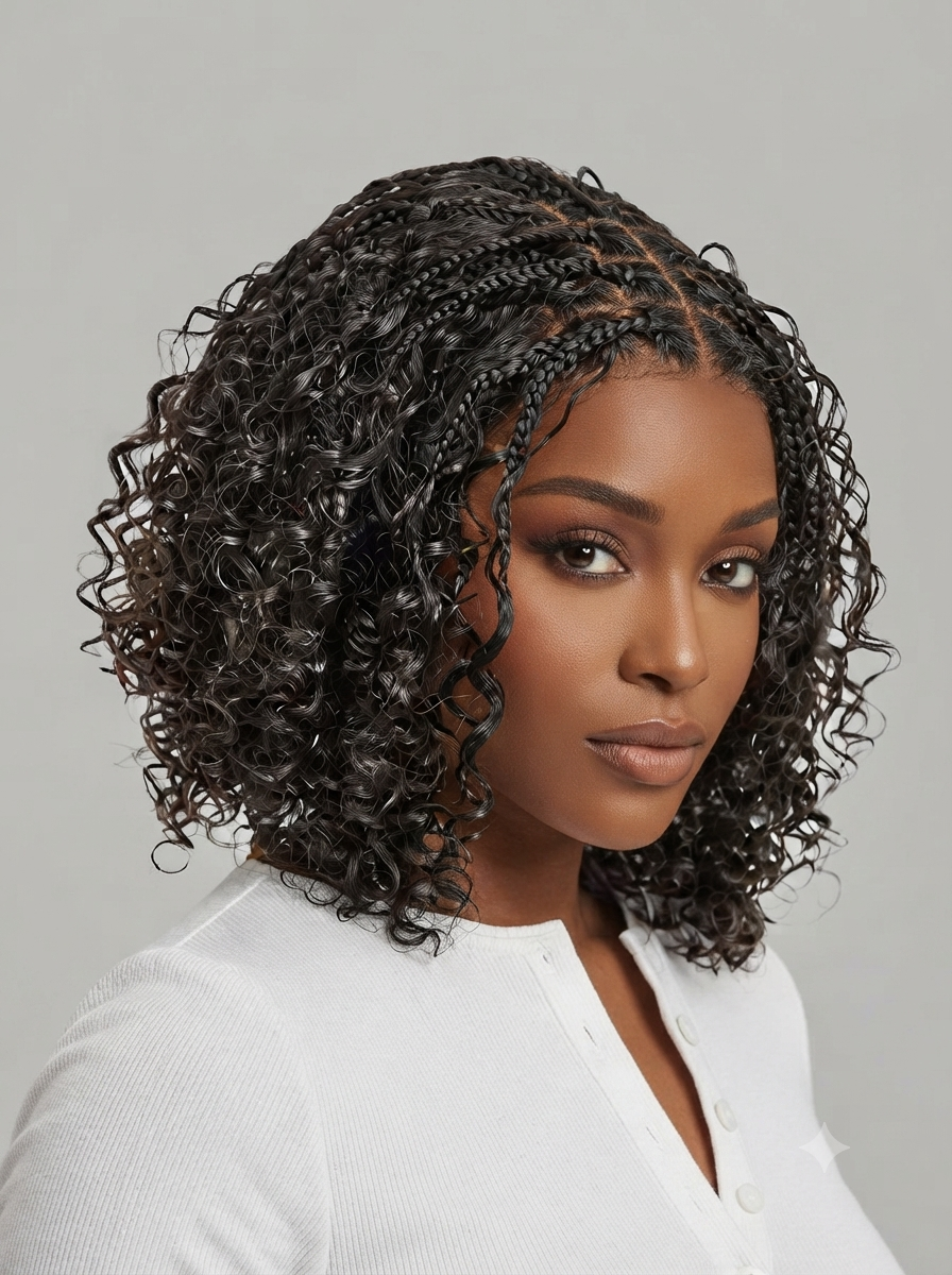 A woman with a short, curly black wig or hairpiece styled with braided detailing at the crown, shown against a plain light gray studio background.