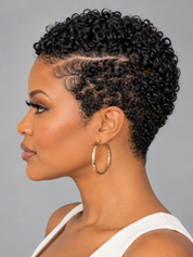 A woman shown in side profile with short, tightly curled black hair, a side part, and gold hoop earrings against a plain gray studio background.