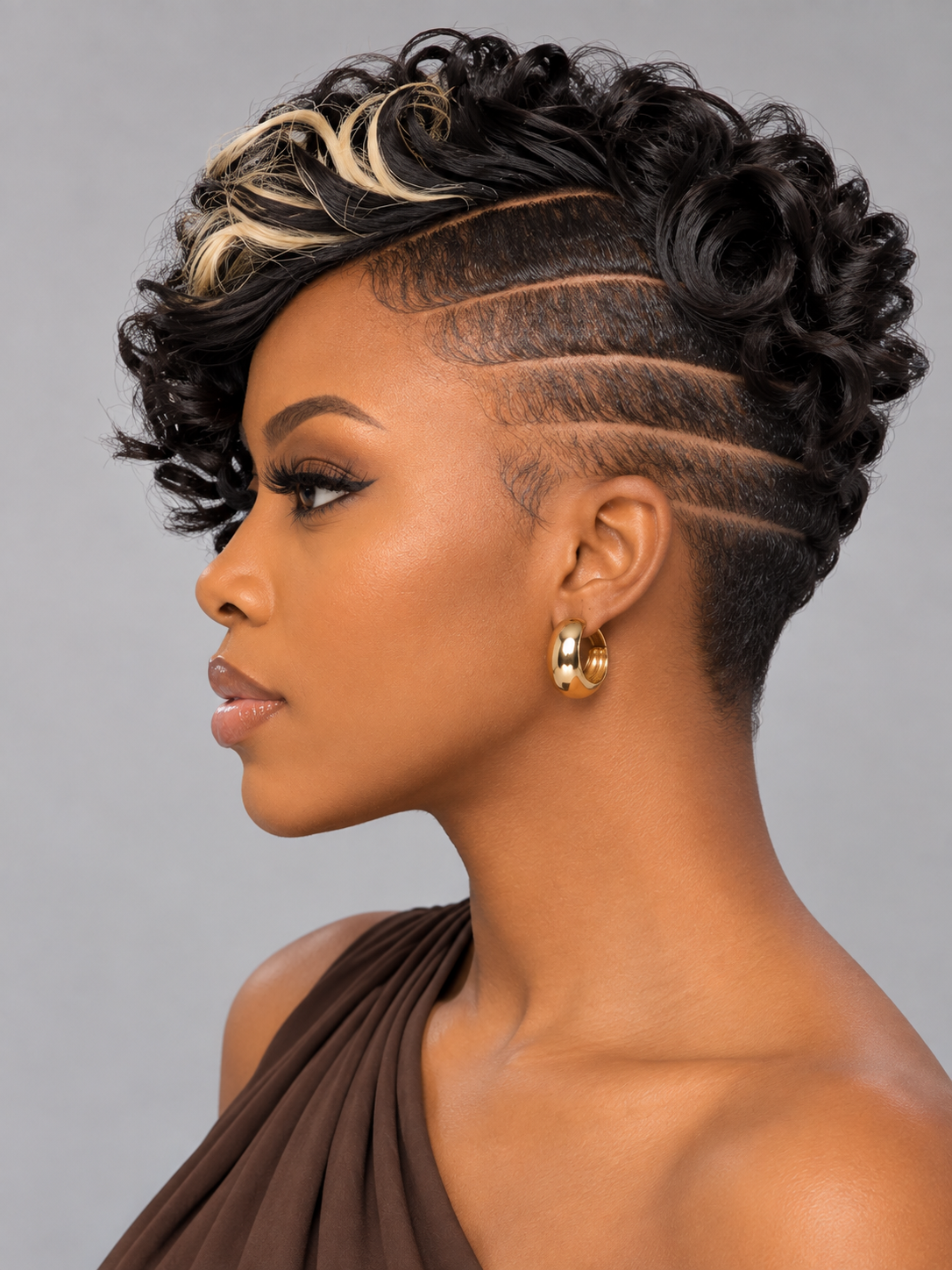 Loyalrose Pixie wig Curly wave 6 inches Black mix blond 100% human hair with bang Glueless with Full lace TWA with Fade and Hard Part style 47