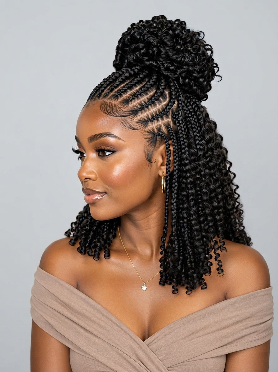 Loyalrose Braided wig full lace black color Pre-styled without glue with Ponytail and Cornrows and Loose Curls