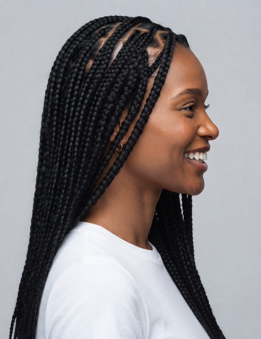 A woman in profile wearing long black box braids, shown against a plain light gray background.