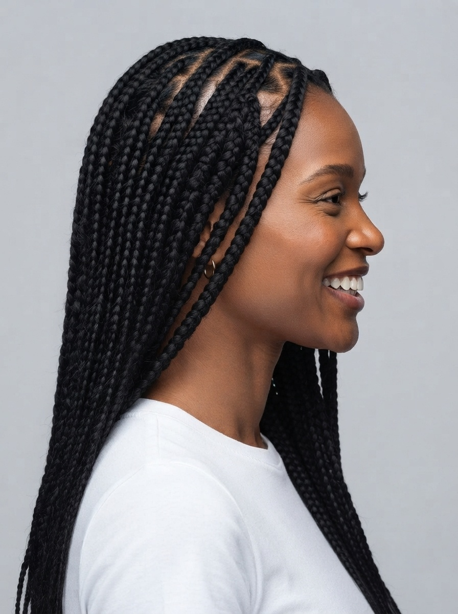 A woman in profile wearing long black box braids, shown against a plain light gray background.